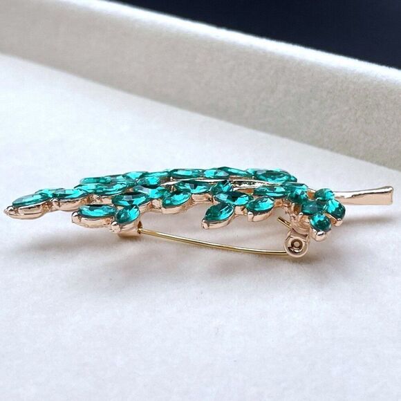 Rose Gold with Emerald Green Crystal Tree Branch with Leaves Pin Back Brooch - Picture 5 of 9